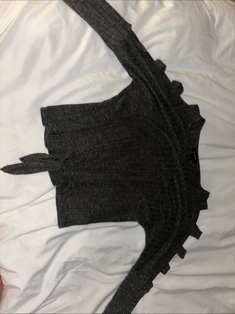 A. Byer Dark Gray Off-the-Shoulder Tie-Front Sweater
